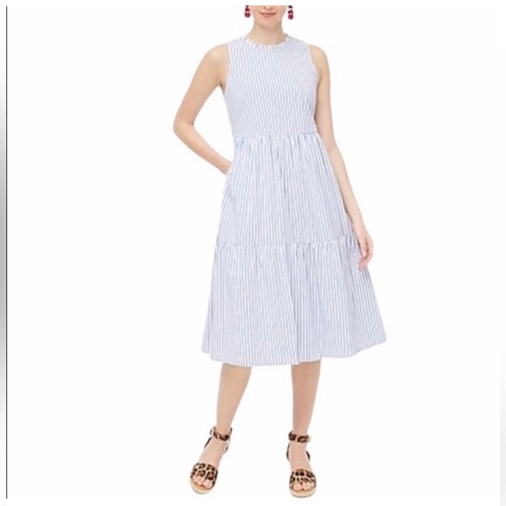 J Crew Blue White Striped Tiered Skirt Ruffled Neck Midi Dress Size 4